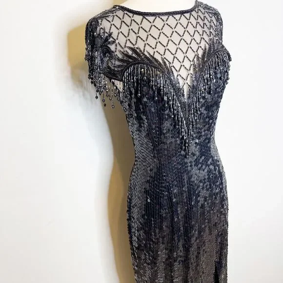 Vintage 90s Size 10 Niteline Sequin Formal Dress Flashy Gown Beaded Fringe - Picture 5 of 8
